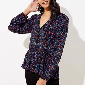 Loft Floral Velvet Trim Peplum Blouse